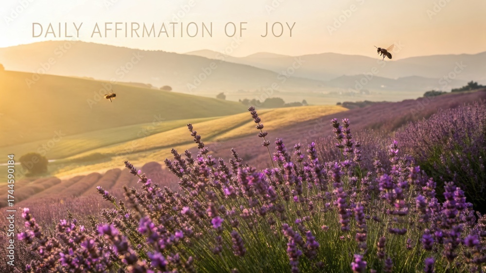 Naklejka premium Serene Lavender Fields with Bees Under a Beautiful Sunrise for Daily Affirmation of Joy and Happiness in Nature