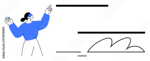 Woman pointing and gesturing at abstract horizontal lines and organic elements in clean composition. Ideal for communication, creativity, brainstorming, teamwork, organization, innovation, education