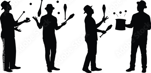 Silhouette jugglers performing tricks with clubs and balls, circus entertainers showing balance, coordination, and skill art illustration