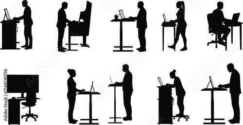 Business people working at standing desks, office workers silhouettes using computers, ergonomic workspace setup, modern workplace concept, productivity illustration, flat vector