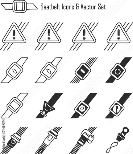 Seatbelt icons and warning signs in a vector illustration set