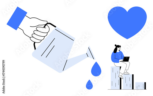 Hand watering growth symbolized by drops, woman working on laptop while sitting on steps, heart representing care, progress, love, and teamwork. Ideal for growth, development, care teamwork