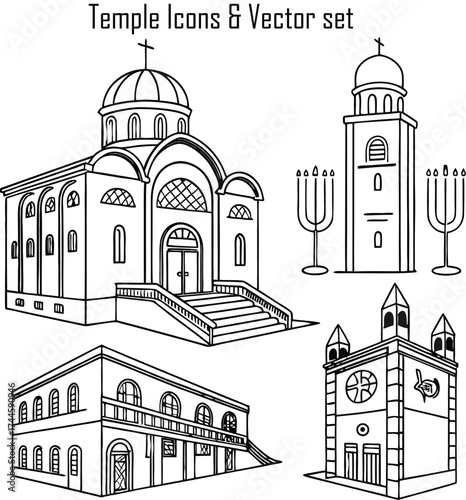 Line art illustrations of various religious buildings and sacred symbols