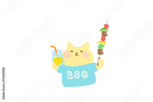 BBQ・ドリンクとバーべキュー串を持って乾杯するかわいい猫のベクターイラスト素材