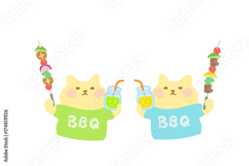 BBQ・ドリンクとバーべキュー串を持って乾杯するかわいい猫のベクターイラスト素材