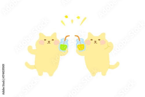 ドリンク持って乾杯するかわいい猫のベクターイラスト素材