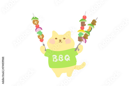 BBQ・バーべキューを楽しむかわいい猫のベクターイラスト素材