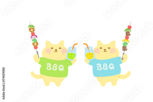 BBQ・ドリンクとバーべキュー串を持って乾杯するかわいい猫のベクターイラスト素材