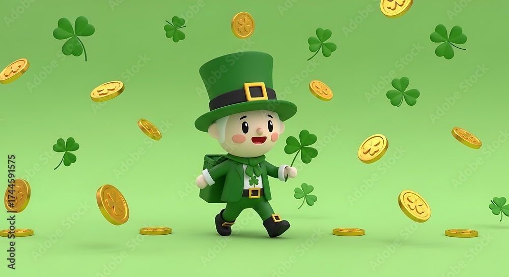 Fototapeta premium Animated Leprechaun Walking With Gold Coins and Clover on Green Background.