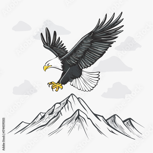 Bald eagle soars above a mountain range, wings spread, talons extended, with clouds in the background.
