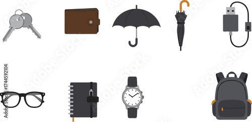 Everyday essentials, personal belongings, travel gear, office accessories, modern lifestyle items, backpack, wallet, keys, umbrella, notebook, wristwatch, eyeglasses, USB drive