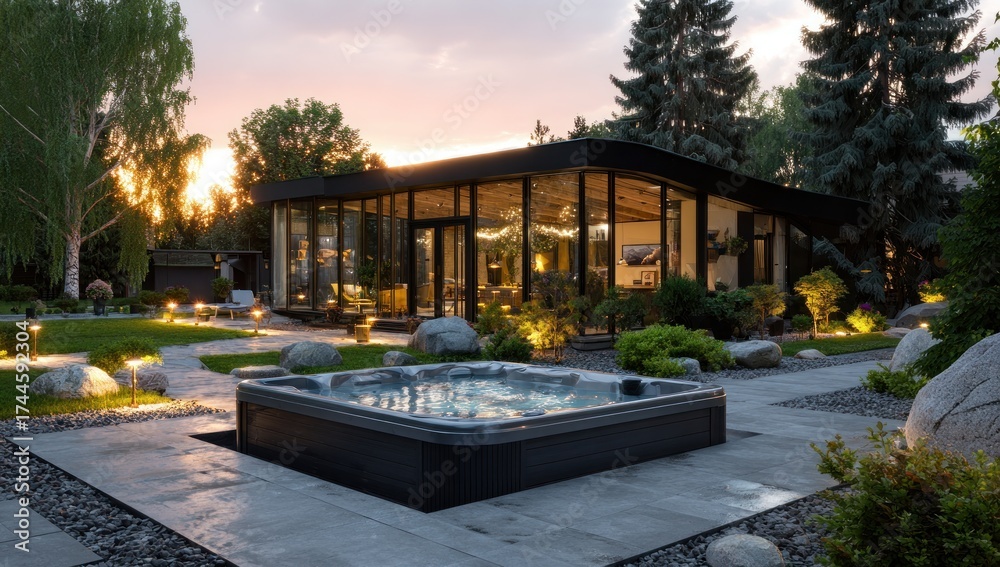 Obraz premium Luxury Backyard Oasis: Hot Tub and Modern Glass House at Sunset