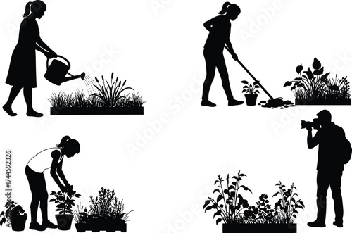 Gardening silhouettes, people watering plants, soil preparation, pruning potted plants, photographing garden, outdoor activity, horticulture, agriculture, lifestyle, nature, teamwork, growth