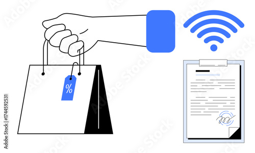 Hand gripping shopping bag with discount tag, blue wireless symbol above, signed contract on clipboard. Ideal for e-commerce, retail, online shopping, agreement, connectivity, offers digital