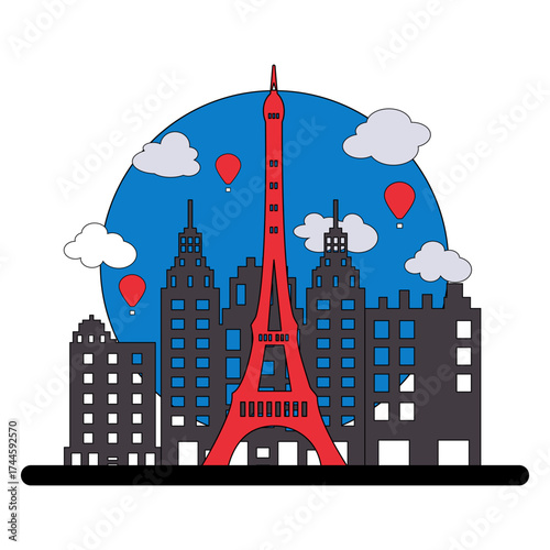 Graphic of a famous European city skyline featuring a red tower landmark and hot air balloons