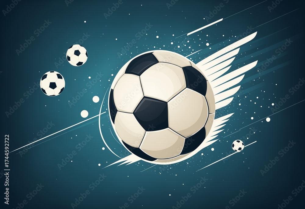 Naklejka premium fantasy soccer ball with wings flying through a dark blue sky with stars, creating a dynamic and creative illustration for a football championship or tournament.