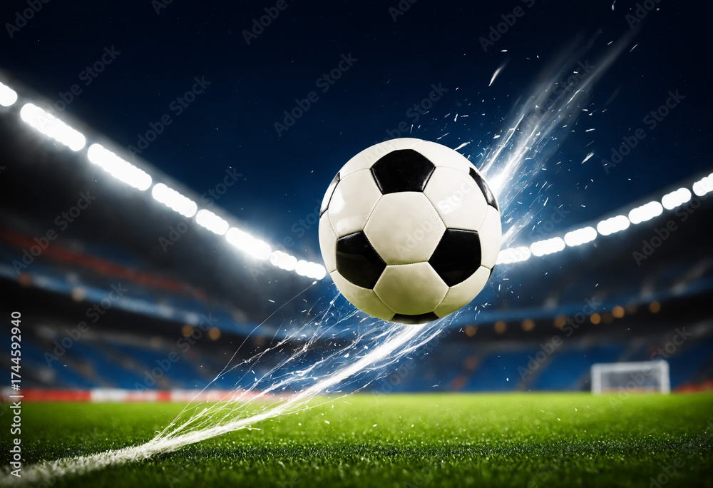 Obraz premium powerful soccer ball with a motion trail speeding across the grass toward the goal in a brightly lit professional stadium at night during a critical championship game.