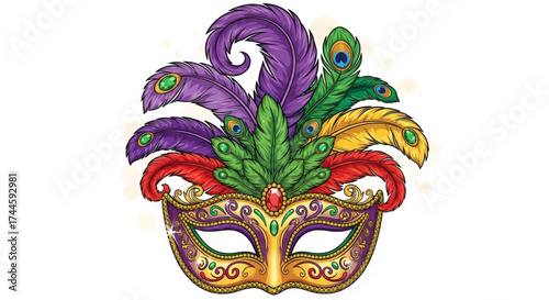 Ornate mardi gras mask with feathers drawing