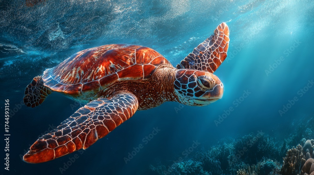 Fototapeta premium Green sea turtle in blue sea water tropical tortoise swimming underwater. Creative Banner. Copyspace image