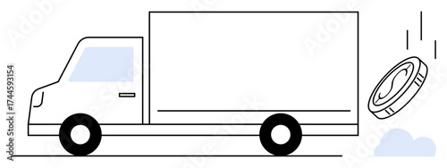 Delivery truck moving forward with a dollar coin dropping nearby, symbolizing cargo delivery, shipping costs, logistics service, transport industry, investment, business growth, trade in a simple