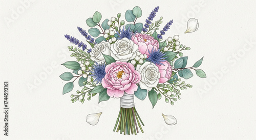 Watercolor bouquet of roses, peonies, lavender