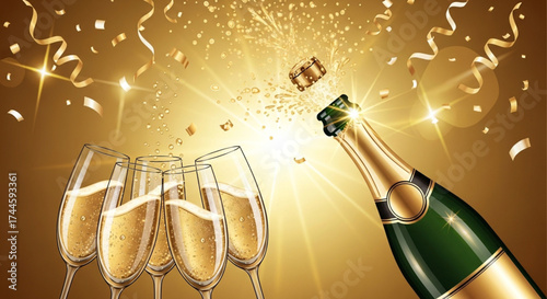Champagne bottle popping with glasses and confetti on golden background