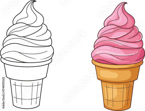 Ice cream cone illustration, line art and colored version, pink soft serve dessert, waffle cone drawing, food design, graphic art comparison