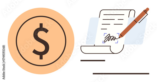 Dollar sign in orange circle beside signed contract on paper with pen. Ideal for finance, contracts, transactions, business, negotiations, money management, legal processes. Simple flat metaphor