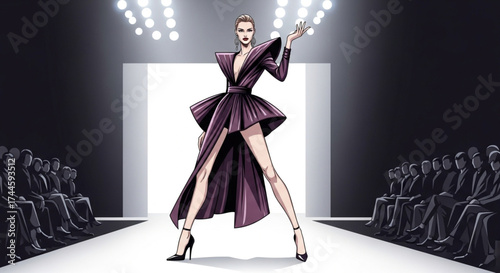 Fashion model in elegant dress walks the runway during a fashion show
