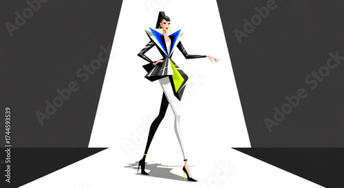 Fashion model in stylish dress walks the runway during a fashion show