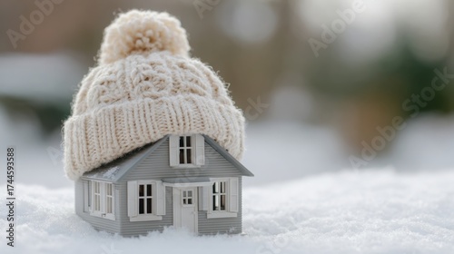 house in winter - heating system concept and cold snowy weather with model of a house wearing a knitted cap