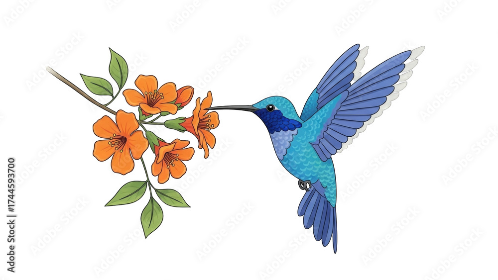 Fototapeta premium blue hummingbird with its long beak in an orange trumpet flower, feeding on nectar.