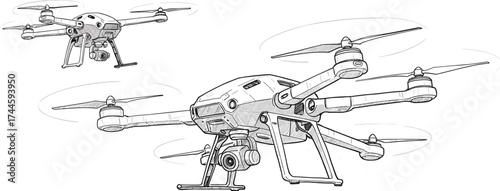 Modern quadcopter drone, aerial technology, flying UAV, surveillance equipment, camera drone, unmanned aircraft, innovation, aviation, photography, futuristic design, blue illustration