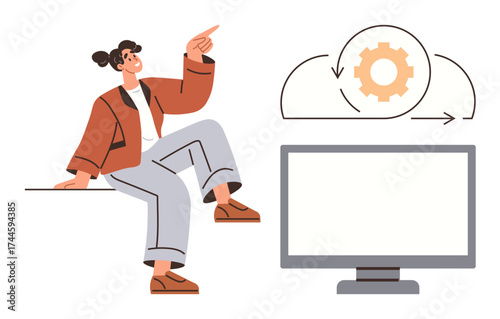 Woman seated, pointing at cloud computing gear symbol next to monitor screen. Ideal for technology, cloud services, innovation, teamwork, remote work, digital workflow, simple flat metaphor