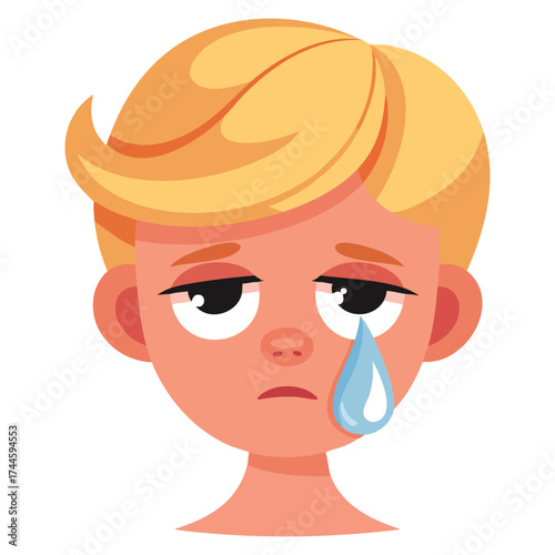 Boy head emoji personage icon vector illustration showing facial emotions crying man avatar character flat design perfect for male expressions concept or cartoon graphics