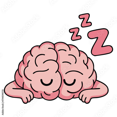 Brain sleep nap rest vector illustration cute child character showing tired mind happy brain snooze for relax and night recovery perfect for health concept