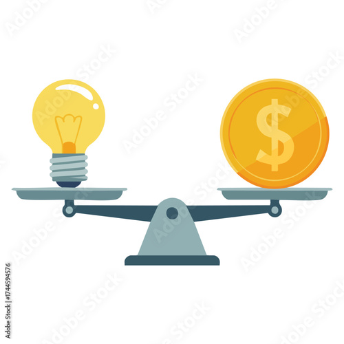 Bowls of scales vector illustration with money and light bulb symbol ideal for concept of balance, comparison, choice, priority, financial decision, and libra design