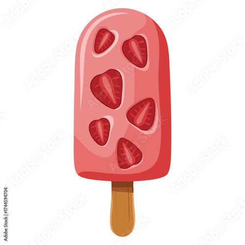 Cartoon flat vector illustration ice cream at stick frozen dessert pink strawberry candy perfect for sticker social network messenger design template or isolated illustration