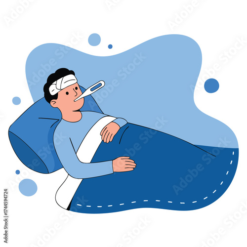 Cartoon flat vector illustration showing young sick man in bed with thermometer perfect for illness, cold, fever, seasonal allergy, and rest themed projects