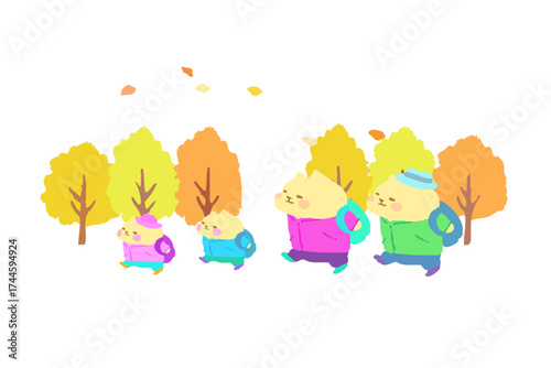 家族で秋のハイキングを楽しむ　可愛い猫のベクターイラスト素材