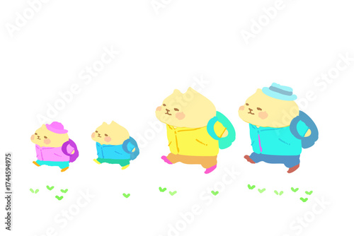 家族でハイキングを楽しむ　可愛い猫のベクターイラスト素材