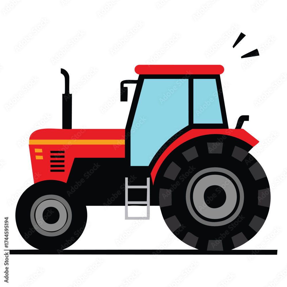 Obraz premium Flat design illustration of red tractor with black wheels and beige exhaust pipe isolated on white background representing agriculture farming and rural machinery