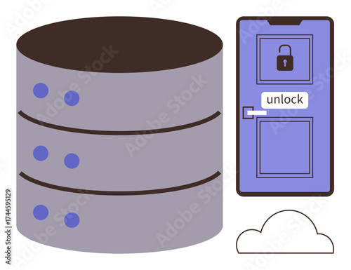 Stack of server disks, locked door labeled unlock, and cloud icon. Ideal for cybersecurity, data protection, cloud computing, storage solutions, secure access, privacy settings simple flat metaphor