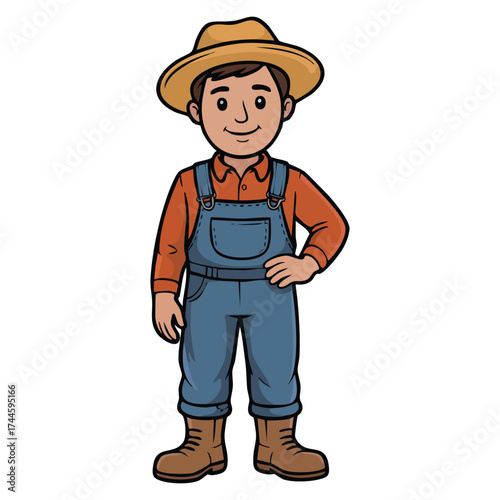 Farmer character smiling in hat and overalls stands proudly clean outfit ideal for representing agricultural tradition rural lifestyle charm and farming themed artwork