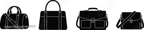Silhouette duffel bag, tote bag, briefcase, satchel, fashion accessory icons, travel luggage, business office style, modern minimalist design illustration