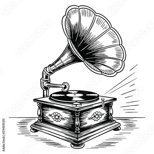 Gramophone vintage engraving vector illustration hand drawn isolated on white background ideal for retro music poster banner or decorative design