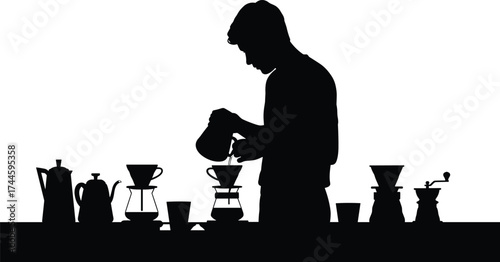 Silhouette barista brewing coffee, pour over method, hot water kettle, coffee dripper, artisan brewing, specialty café culture, minimal background, equipment