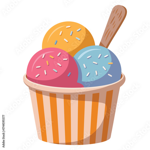 Ice cream vector icon with multicolored balls, wafer rolls, and fruit flavors in bright glass perfect for sticker, social media, dessert, and gourmet themed designs