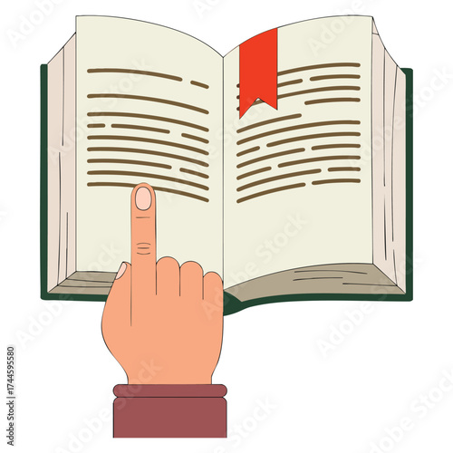 Index finger extended pointing at open book with red bookmark vector illustration ideal for learning reading studying and educational content design