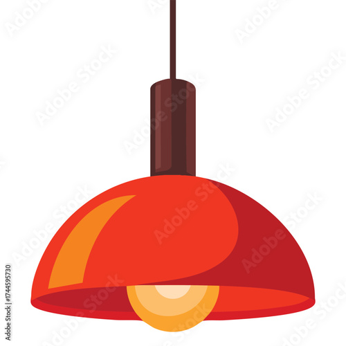 Living room furniture concept sticker vector illustration with red rounded chandelier for ceiling interior element with light bulb isolated on white background